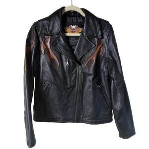 Vintage Harley Davidson Motorcycle Jacket Women SZ M Black Brown Flames EUC